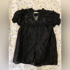 Alice + Olivia Ilaria Crotchet Black Button Front Shirt Blouse